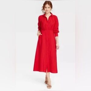 Women's Long Sleeve Collared Midi Crepe Shirtdress - A New Day™ Red Medium. NWT